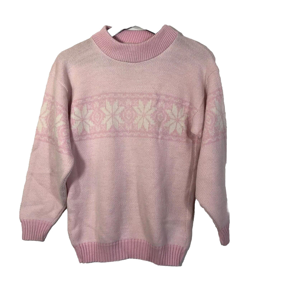 90s Pink Snowflake Knit Mock Turtleneck Sweater Small / Medium Fair Isle Vintage